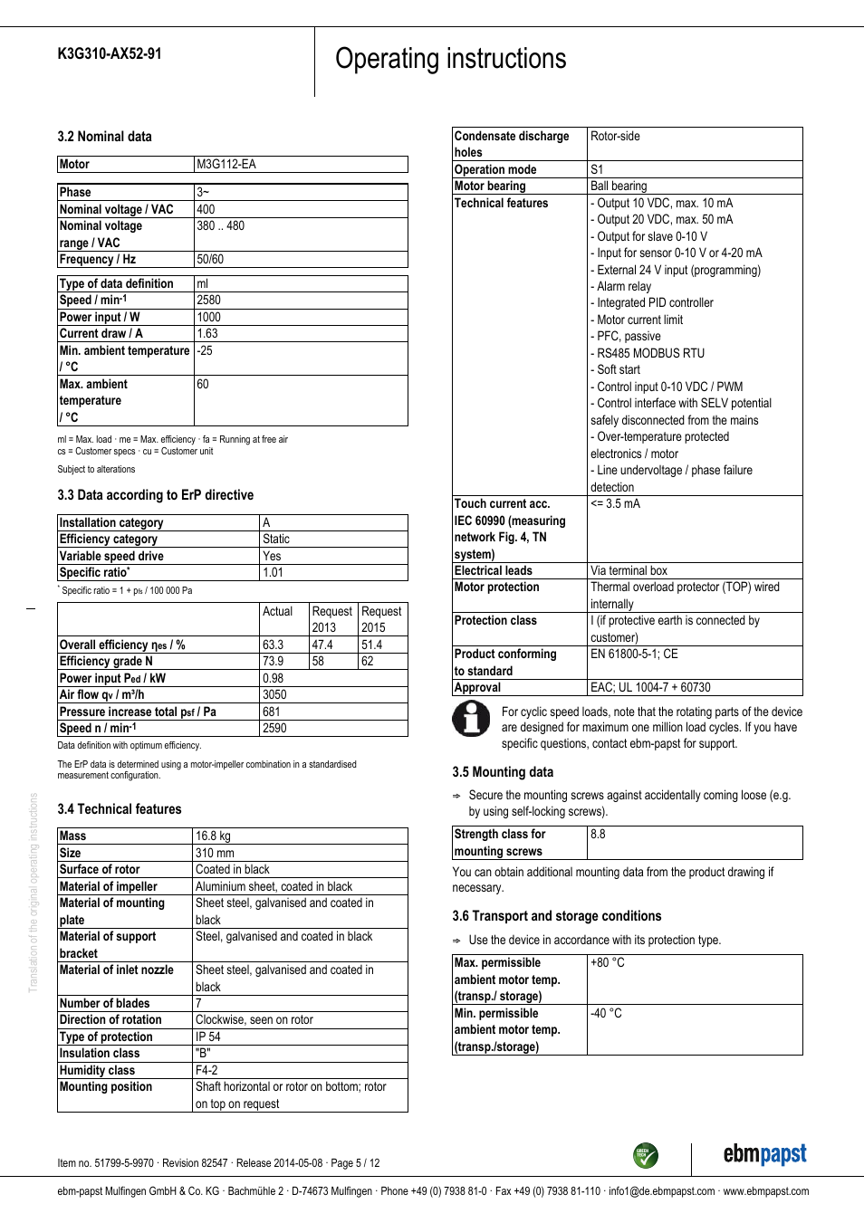 Operating instructions | ebm-papst K3G310-AX52-91 User Manual | Page 5 / 12