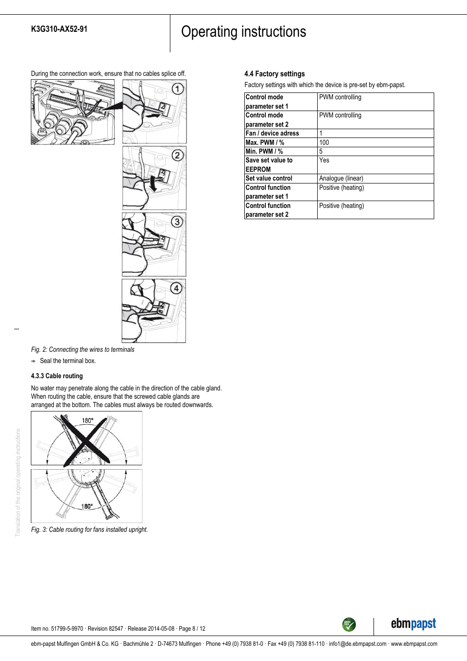 Operating instructions | ebm-papst K3G310-AX52-91 User Manual | Page 8 / 12