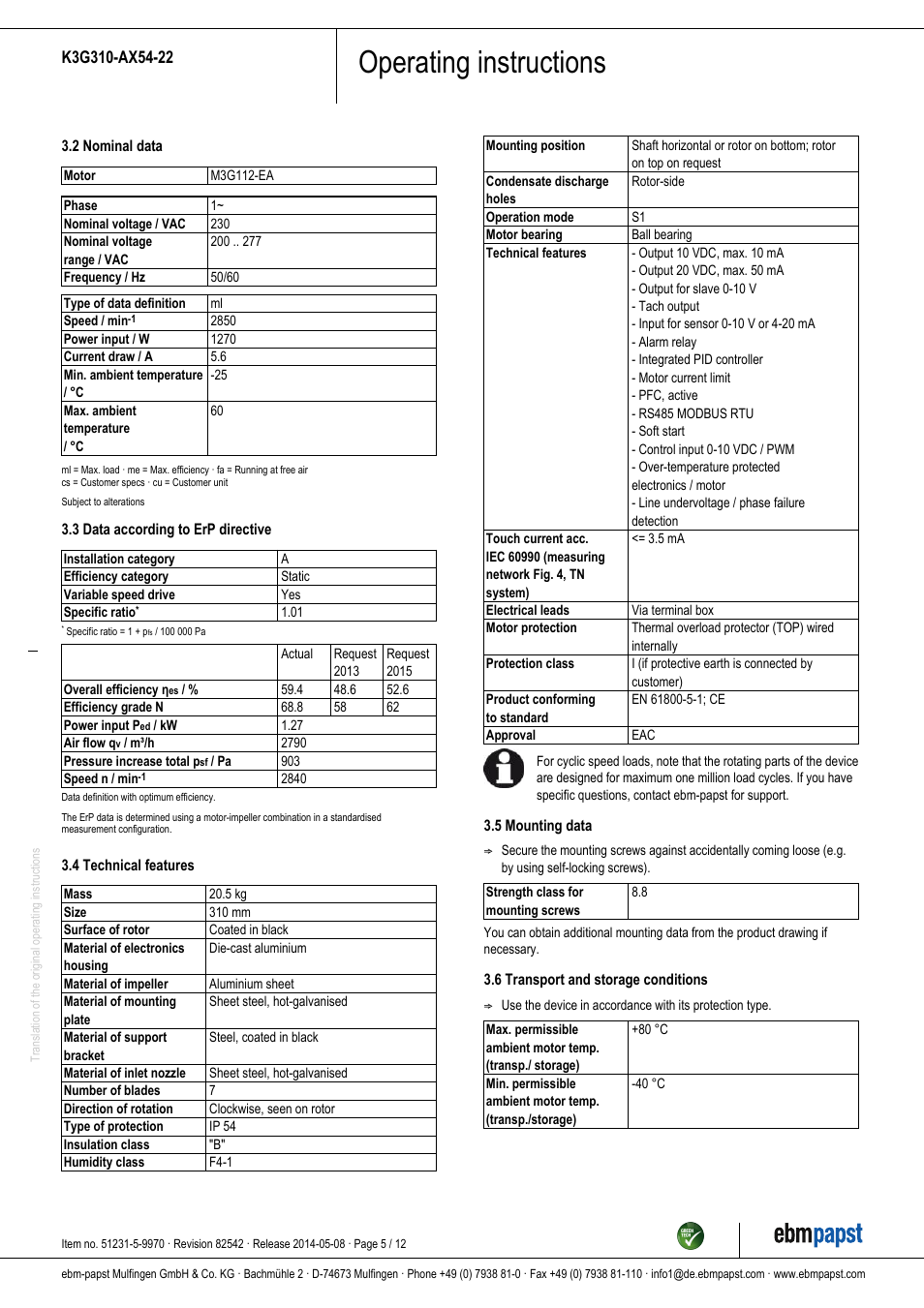 Operating instructions | ebm-papst K3G310-AX54-22 User Manual | Page 5 / 12
