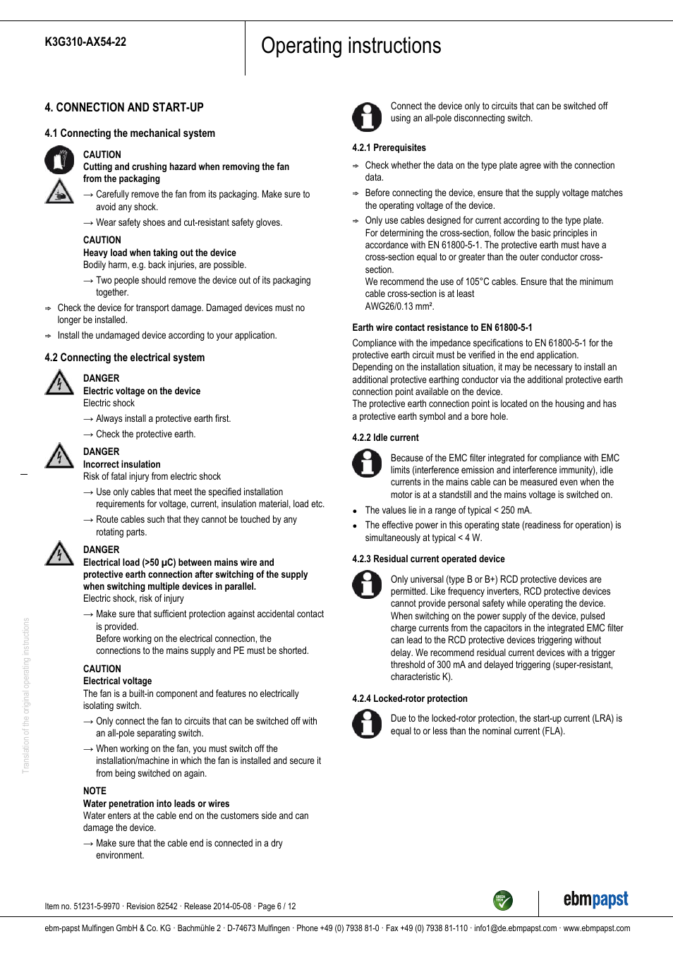 Operating instructions | ebm-papst K3G310-AX54-22 User Manual | Page 6 / 12