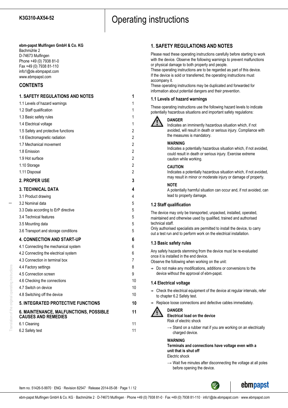 ebm-papst K3G310-AX54-52 User Manual | 12 pages