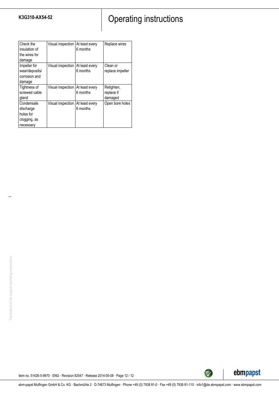 Operating instructions | ebm-papst K3G310-AX54-52 User Manual | Page 12 / 12