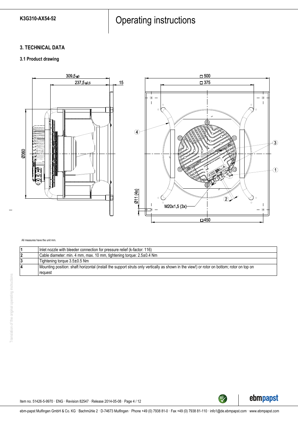 Operating instructions | ebm-papst K3G310-AX54-52 User Manual | Page 4 / 12