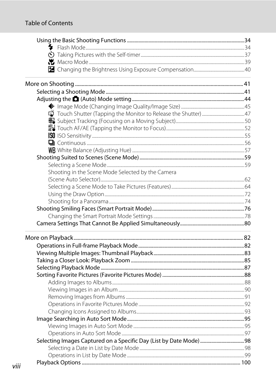 Viii | Nikon S6100 User Manual | Page 10 / 216