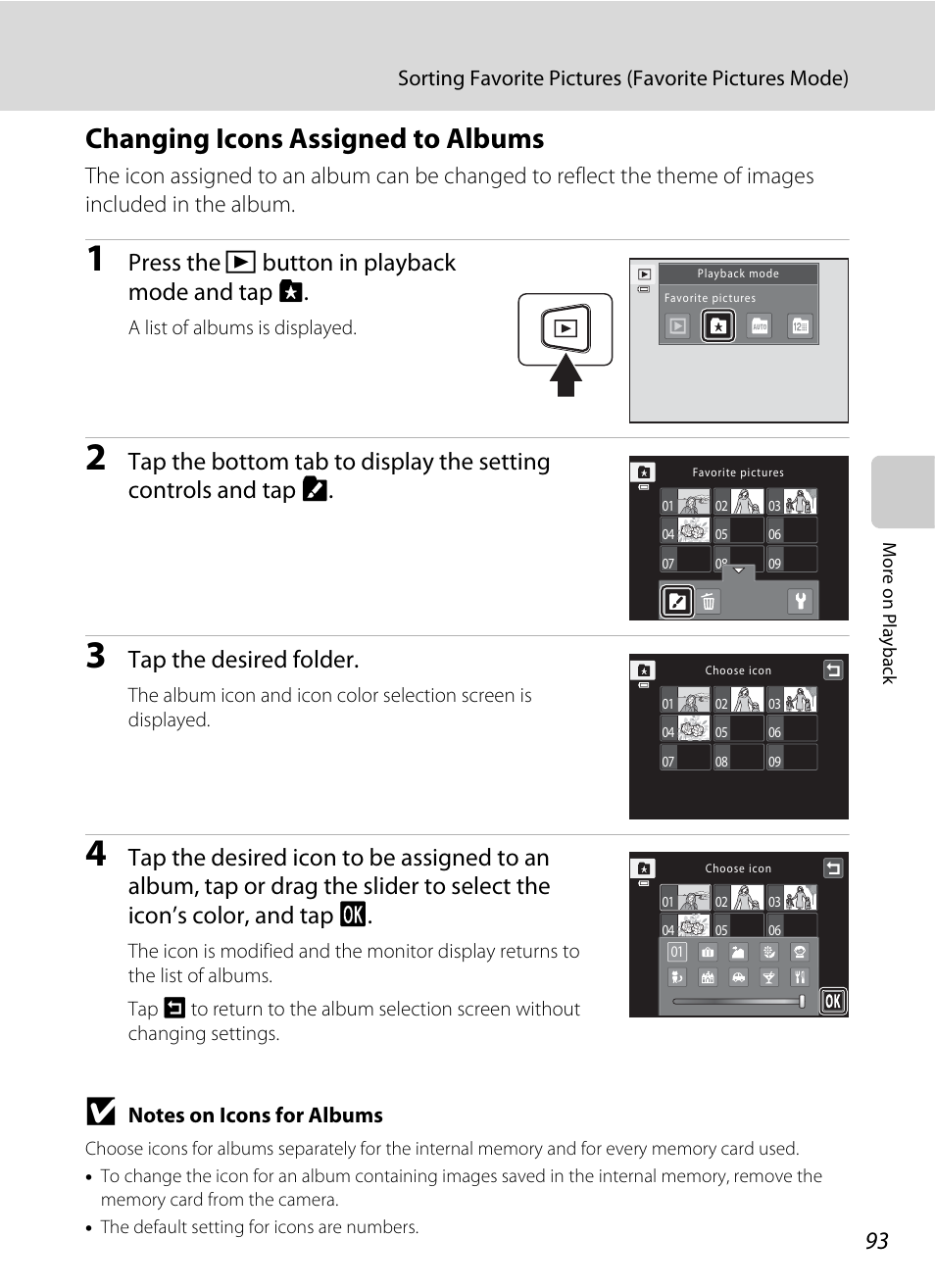 Changing icons assigned to albums, Press the c button in playback mode and tap h, Tap the desired folder | Nikon S6100 User Manual | Page 105 / 216