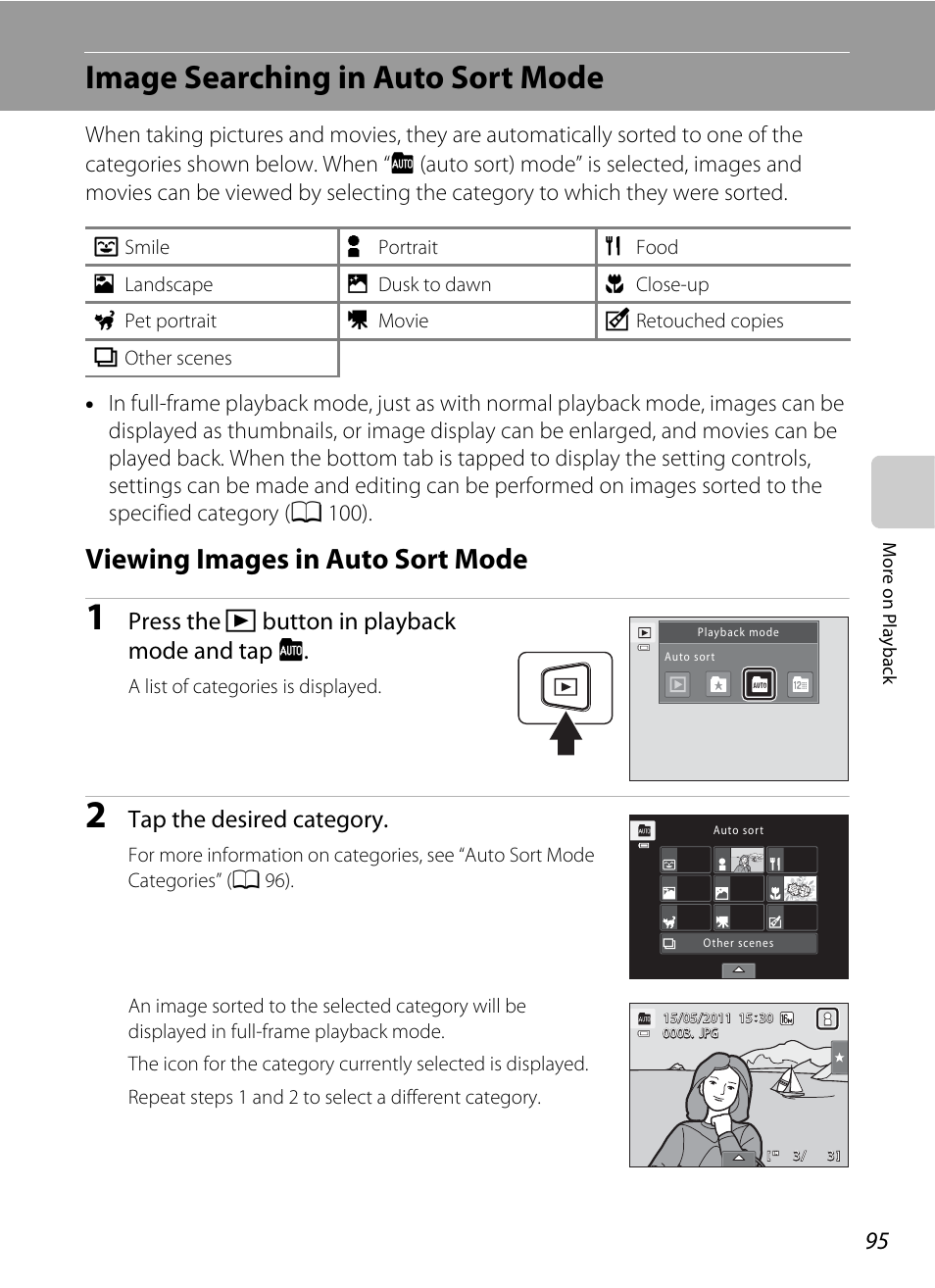 Image searching in auto sort mode, Viewing images in auto sort mode, A 95) | A 95, A 95), or, Press the c button in playback mode and tap f, Tap the desired category | Nikon S6100 User Manual | Page 107 / 216