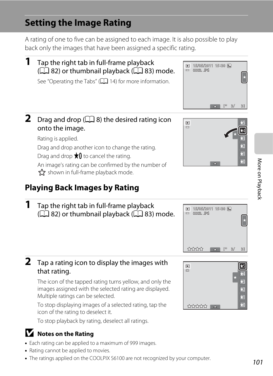 Setting the image rating, Playing back images by rating, A 101) | A 101), or | Nikon S6100 User Manual | Page 113 / 216