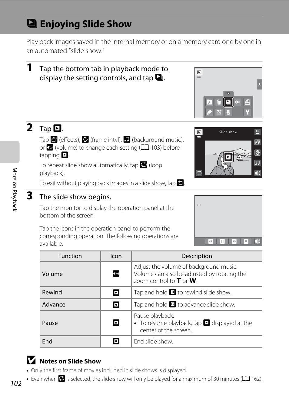 Enjoying slide show, B enjoying slide show | Nikon S6100 User Manual | Page 114 / 216