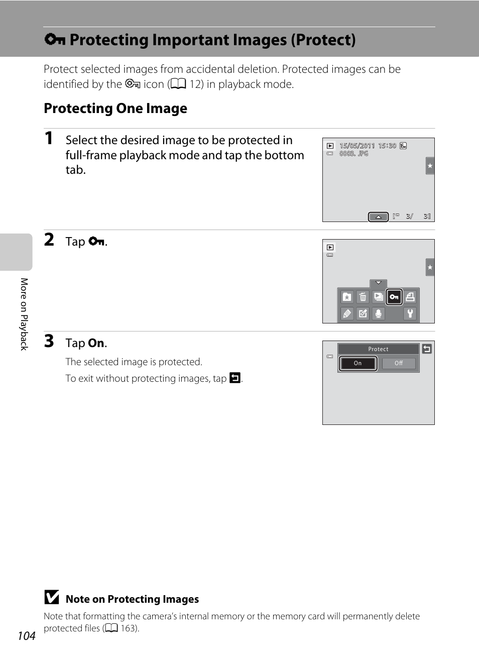 Protecting important images (protect), Protecting one image, D protecting important images (protect) | A 104), Tap d, Tap on | Nikon S6100 User Manual | Page 116 / 216