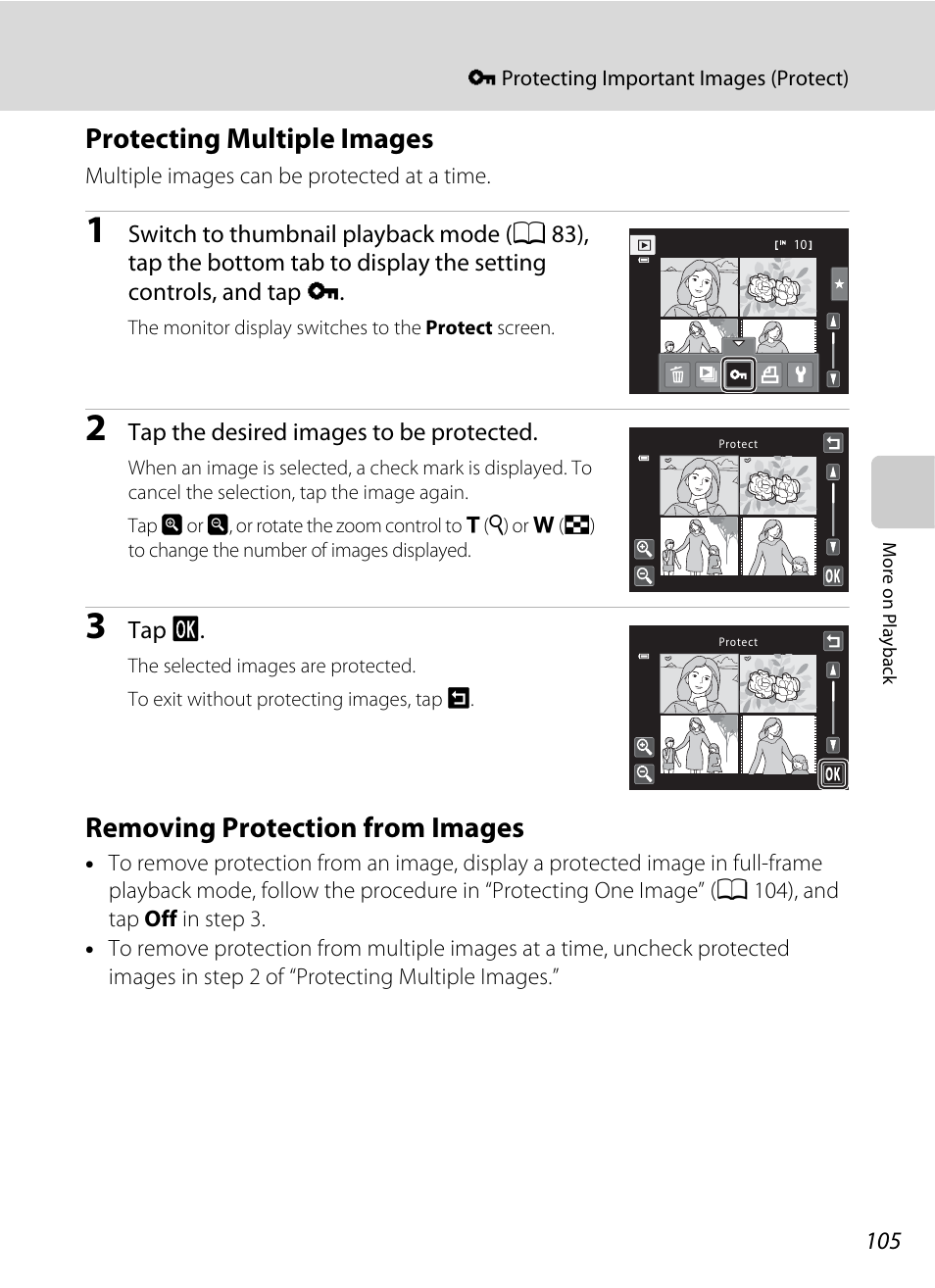 Protecting multiple images, Removing protection from images | Nikon S6100 User Manual | Page 117 / 216