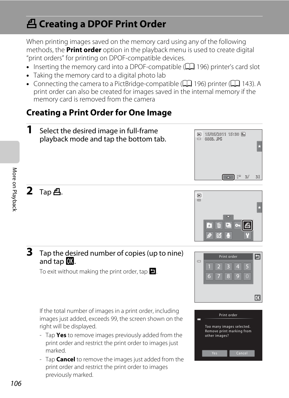 Creating a dpof print order, Creating a print order for one image, A creating a dpof print order | Tap a | Nikon S6100 User Manual | Page 118 / 216