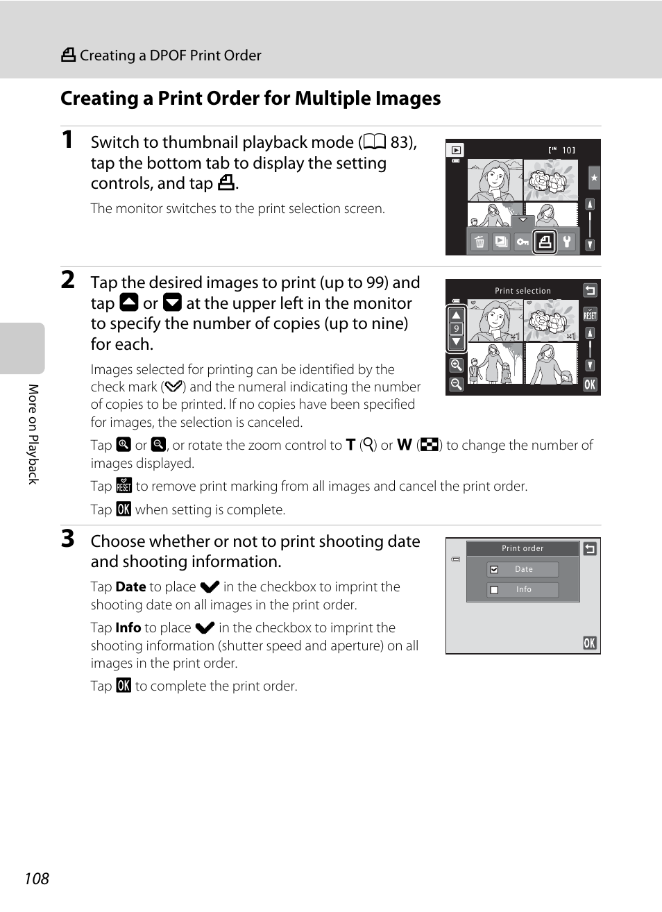 Creating a print order for multiple images | Nikon S6100 User Manual | Page 120 / 216