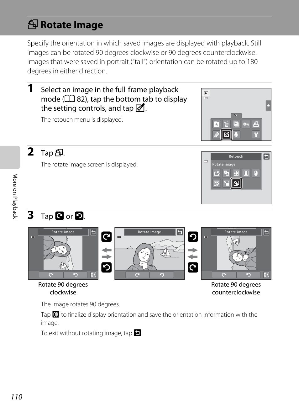 Rotate image, F rotate image, A 110) | Ij i j | Nikon S6100 User Manual | Page 122 / 216