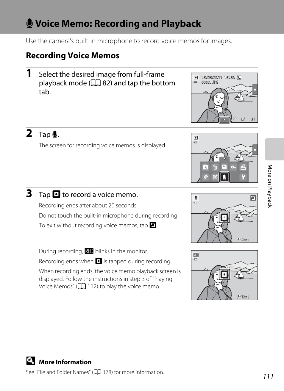 Voice memo: recording and playback, Recording voice memos, E voice memo: recording and playback | Tap e | Nikon S6100 User Manual | Page 123 / 216