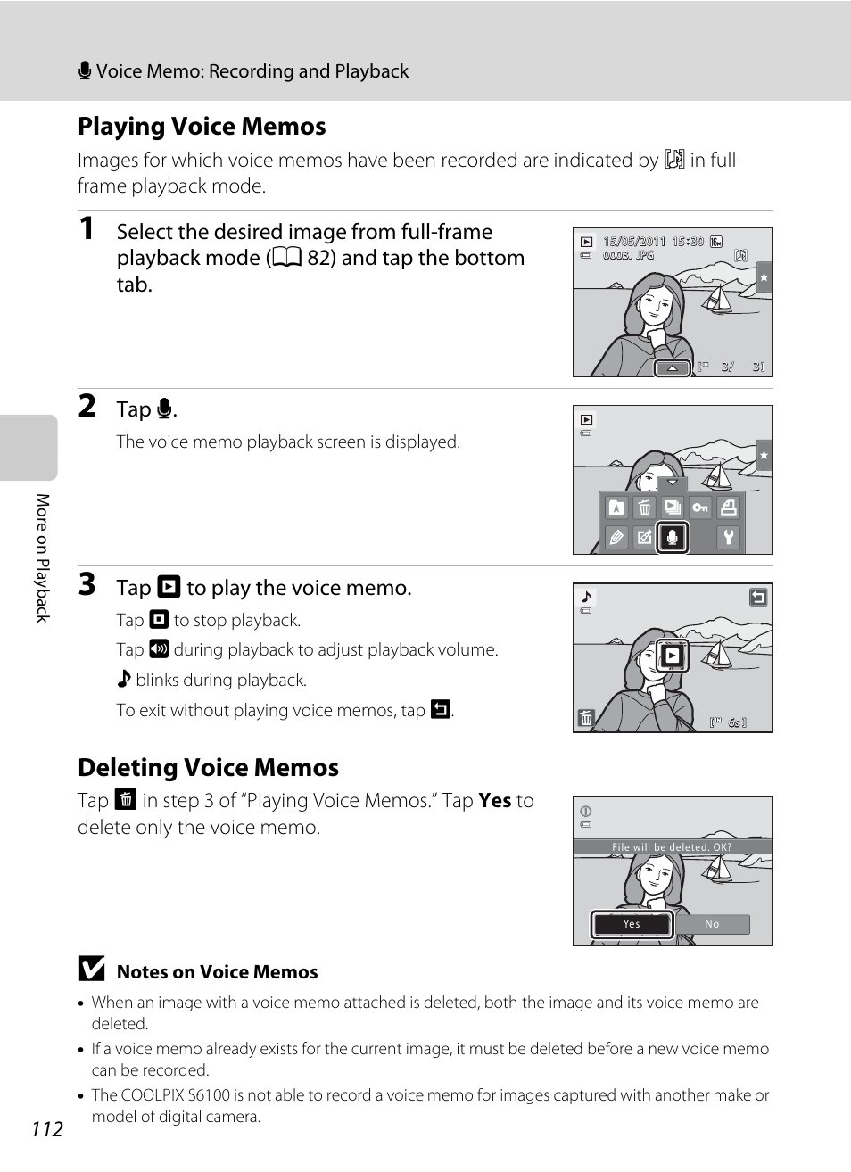 Playing voice memos, Deleting voice memos, Playing voice memos deleting voice memos | Of “playing voice memos, A 112) to, Tap e | Nikon S6100 User Manual | Page 124 / 216