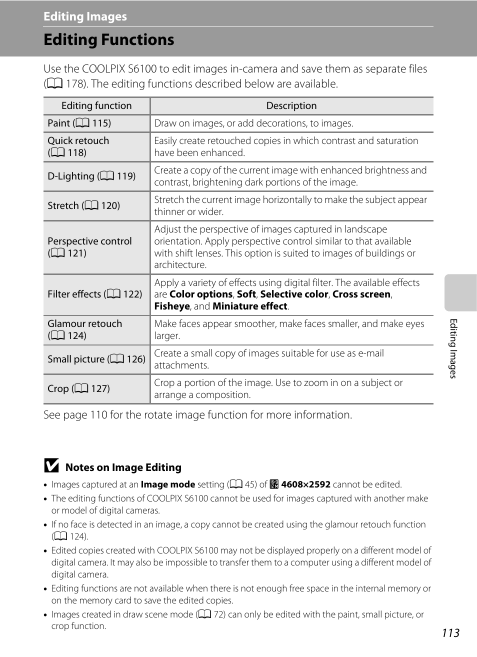 Editing images, Editing functions, Editing images” (a 113 | A 113) | Nikon S6100 User Manual | Page 125 / 216