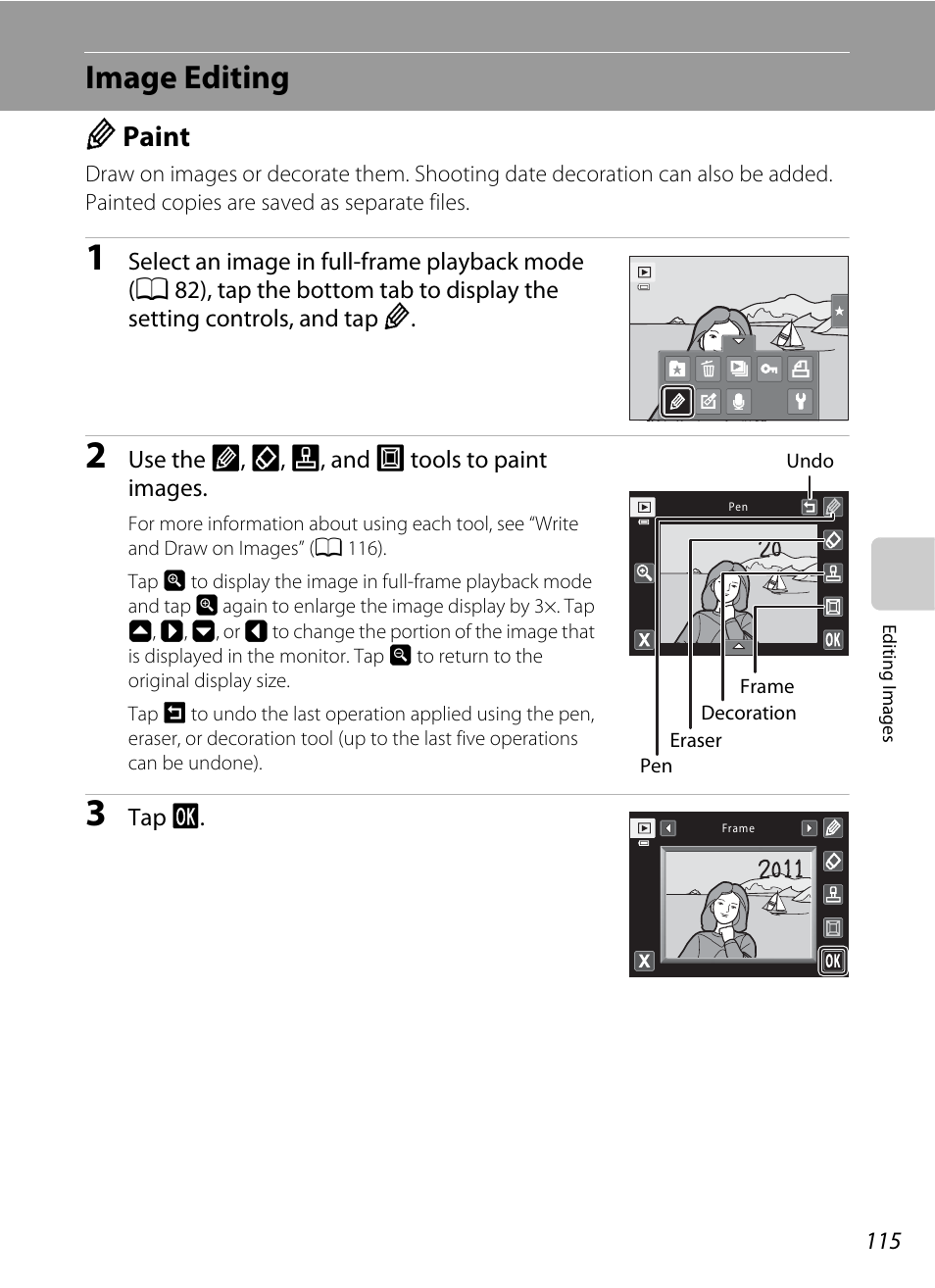 Image editing, Paint, U paint | A 115) | Nikon S6100 User Manual | Page 127 / 216