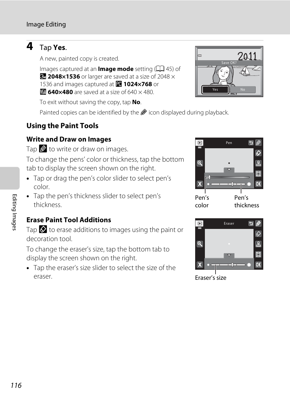 Tap yes, Using the paint tools | Nikon S6100 User Manual | Page 128 / 216