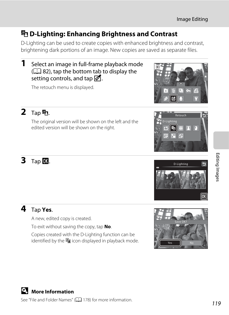 D-lighting: enhancing brightness and contrast, I d-lighting: enhancing brightness and contrast, A 119) | Nikon S6100 User Manual | Page 131 / 216
