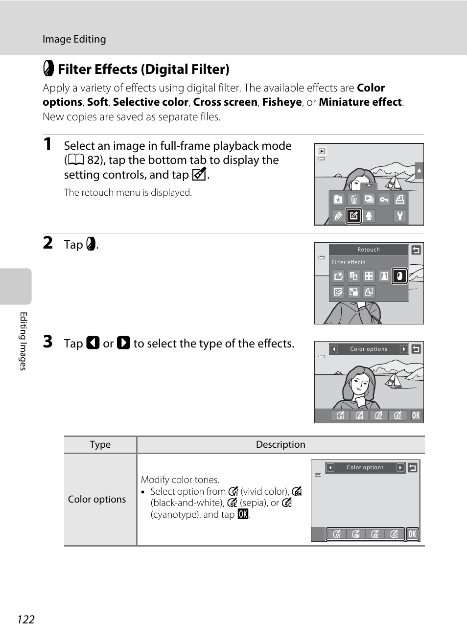 Filter effects (digital filter), I filter effects (digital filter), A 122) | Nikon S6100 User Manual | Page 134 / 216