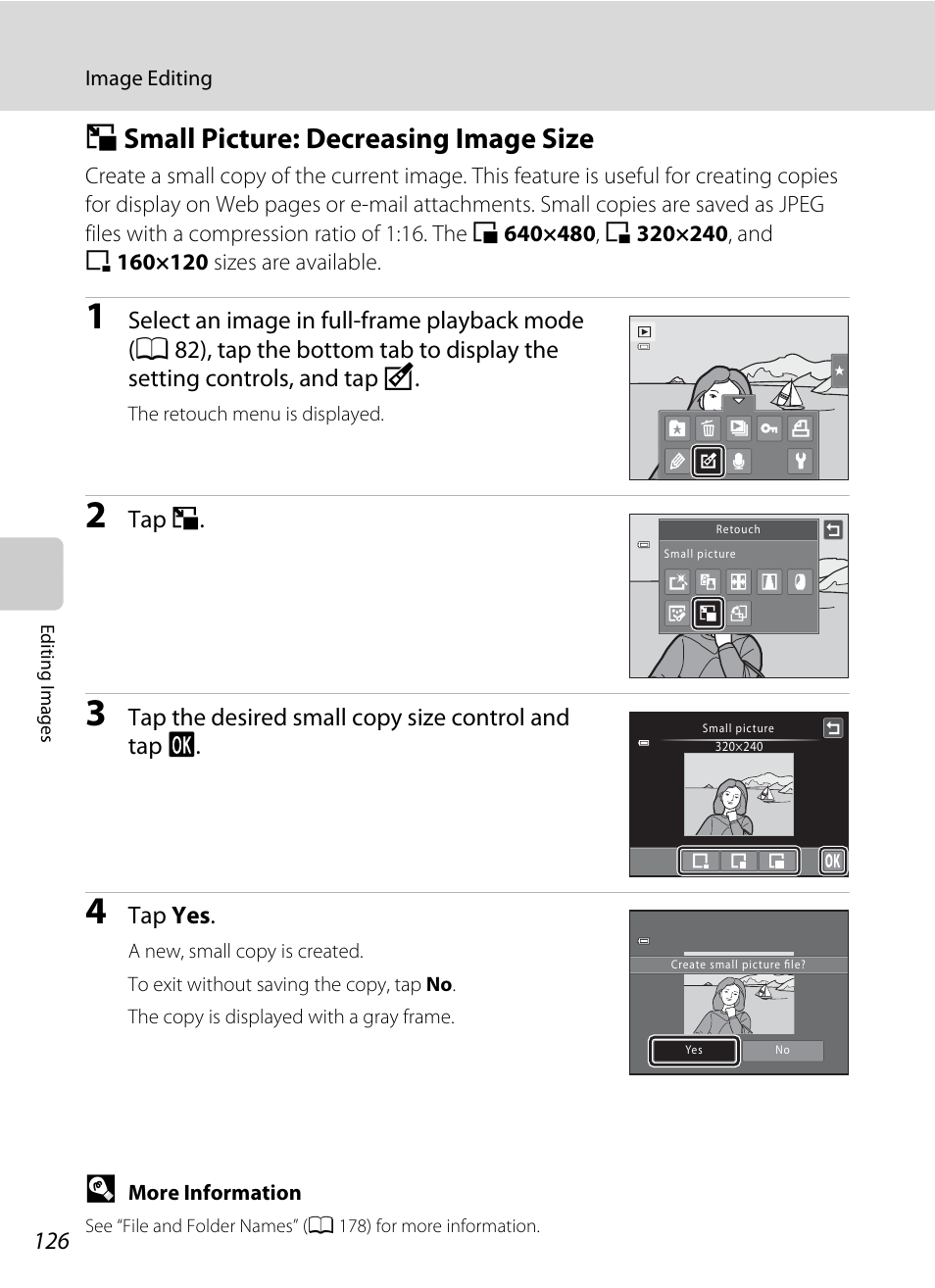 Small picture: decreasing image size, G small picture: decreasing image size, A 126) | Nikon S6100 User Manual | Page 138 / 216