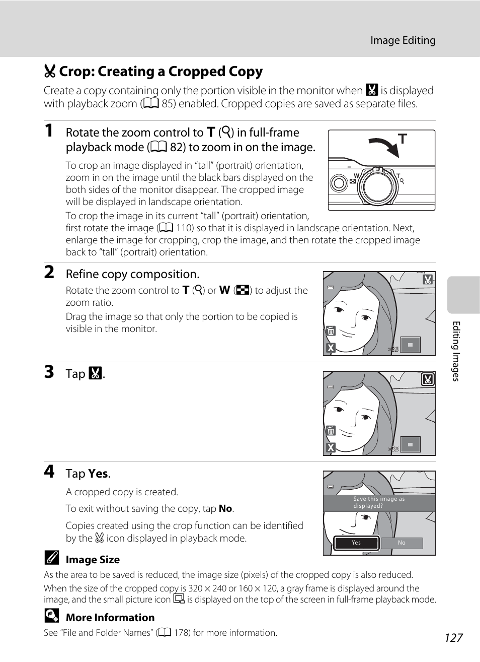 Crop: creating a cropped copy, O crop: creating a cropped copy, A 127) | Refine copy composition, Tap g, Tap yes | Nikon S6100 User Manual | Page 139 / 216