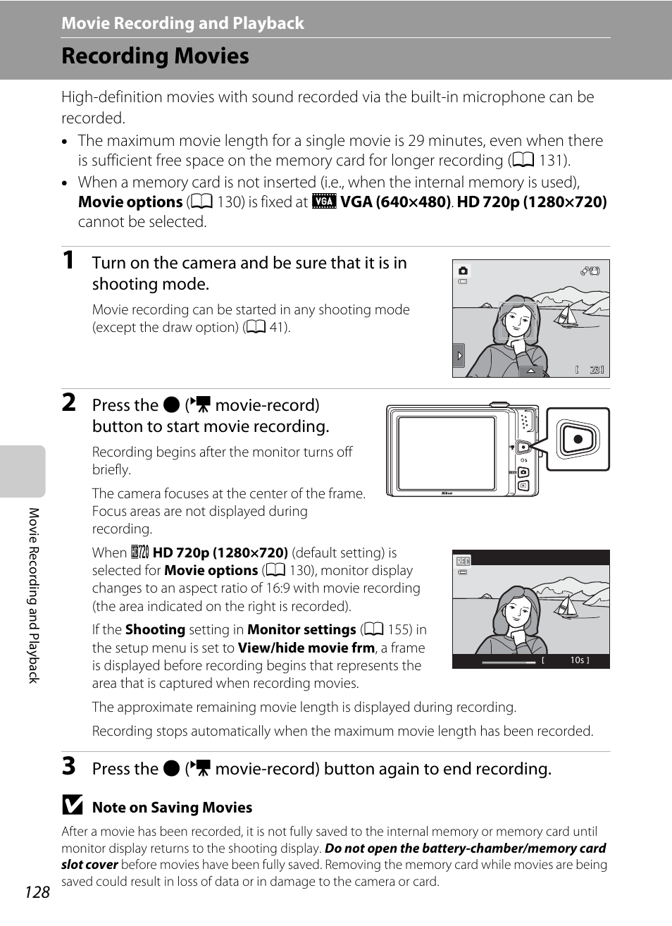Movie recording and playback, Recording movies, A 128). pres | A 128, 131), A 128, 13, A 128) | Nikon S6100 User Manual | Page 140 / 216