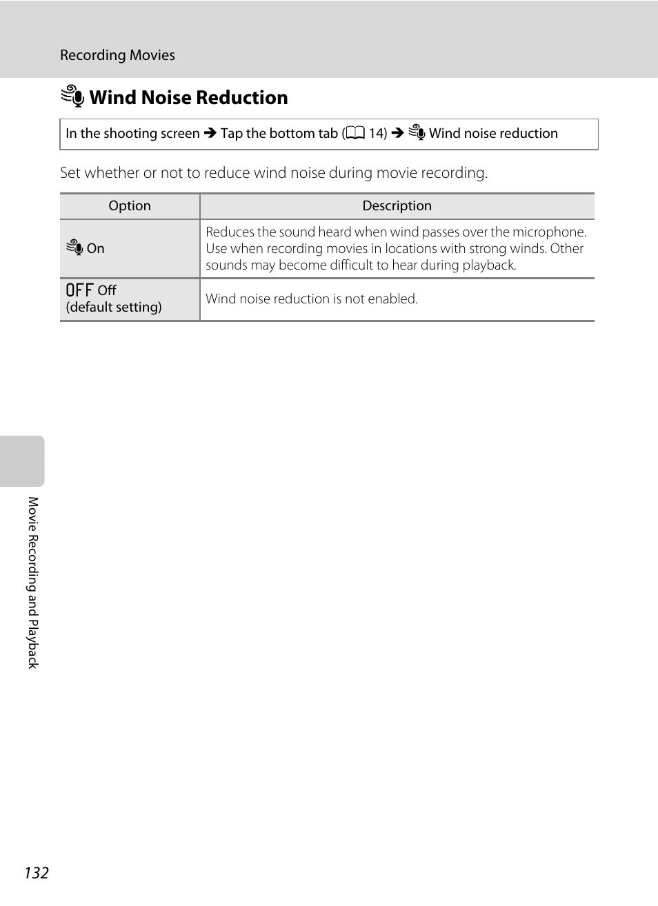 Wind noise reduction, Y wind noise reduction, Rding | A 132), A 132 | Nikon S6100 User Manual | Page 144 / 216