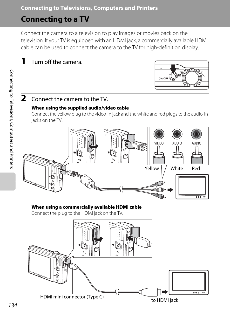 Connecting to televisions, computers and printers, Connecting to a tv | Nikon S6100 User Manual | Page 146 / 216