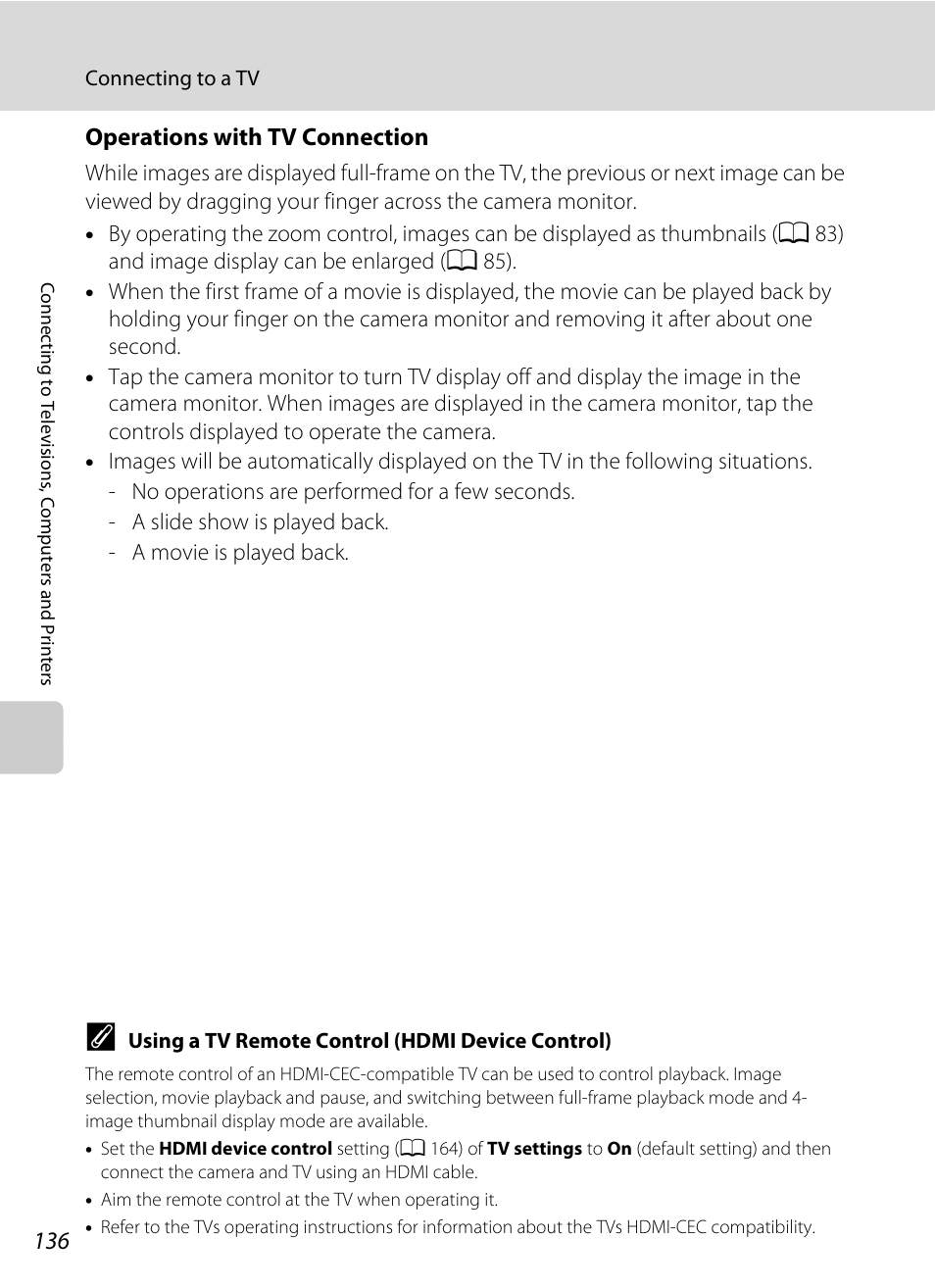 Operations with tv connection, A 136) for | Nikon S6100 User Manual | Page 148 / 216