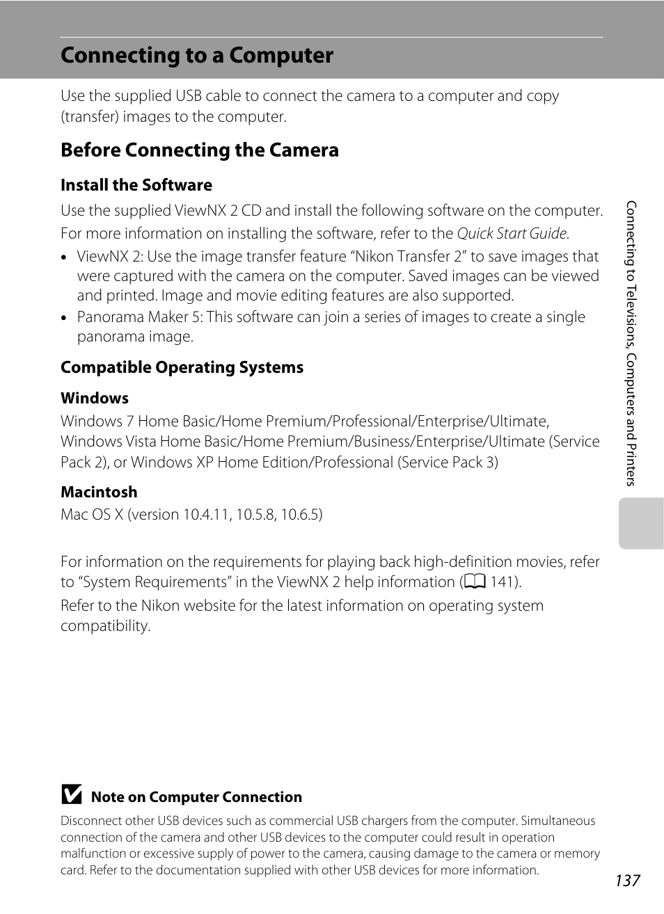 Connecting to a computer, Before connecting the camera, El12 | A 137, 165, A 137) | Nikon S6100 User Manual | Page 149 / 216