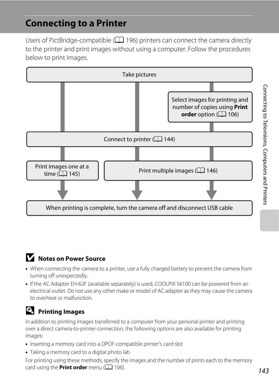 Connecting to a printer, A 143) | Nikon S6100 User Manual | Page 155 / 216