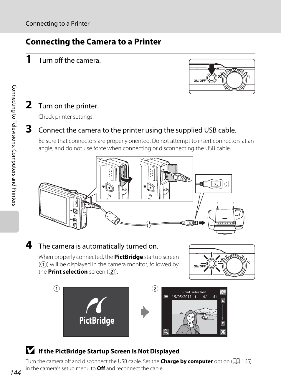 Connecting the camera to a printer, A 144) | Nikon S6100 User Manual | Page 156 / 216