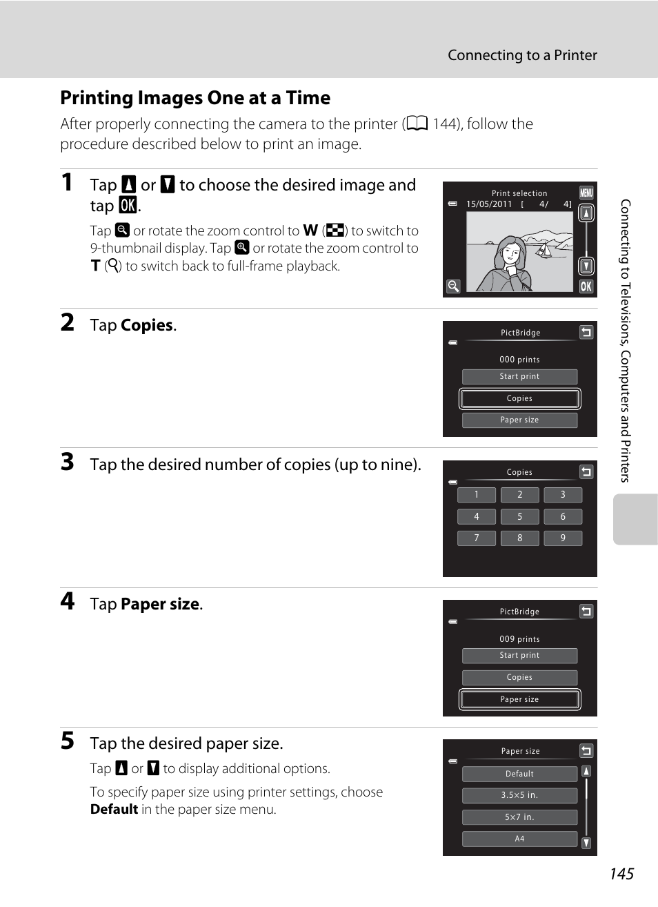 Printing images one at a time, Time, A 145 | Tap b or c to choose the desired image and tap i, Tap copies, Tap the desired number of copies (up to nine), Tap paper size, Tap the desired paper size | Nikon S6100 User Manual | Page 157 / 216