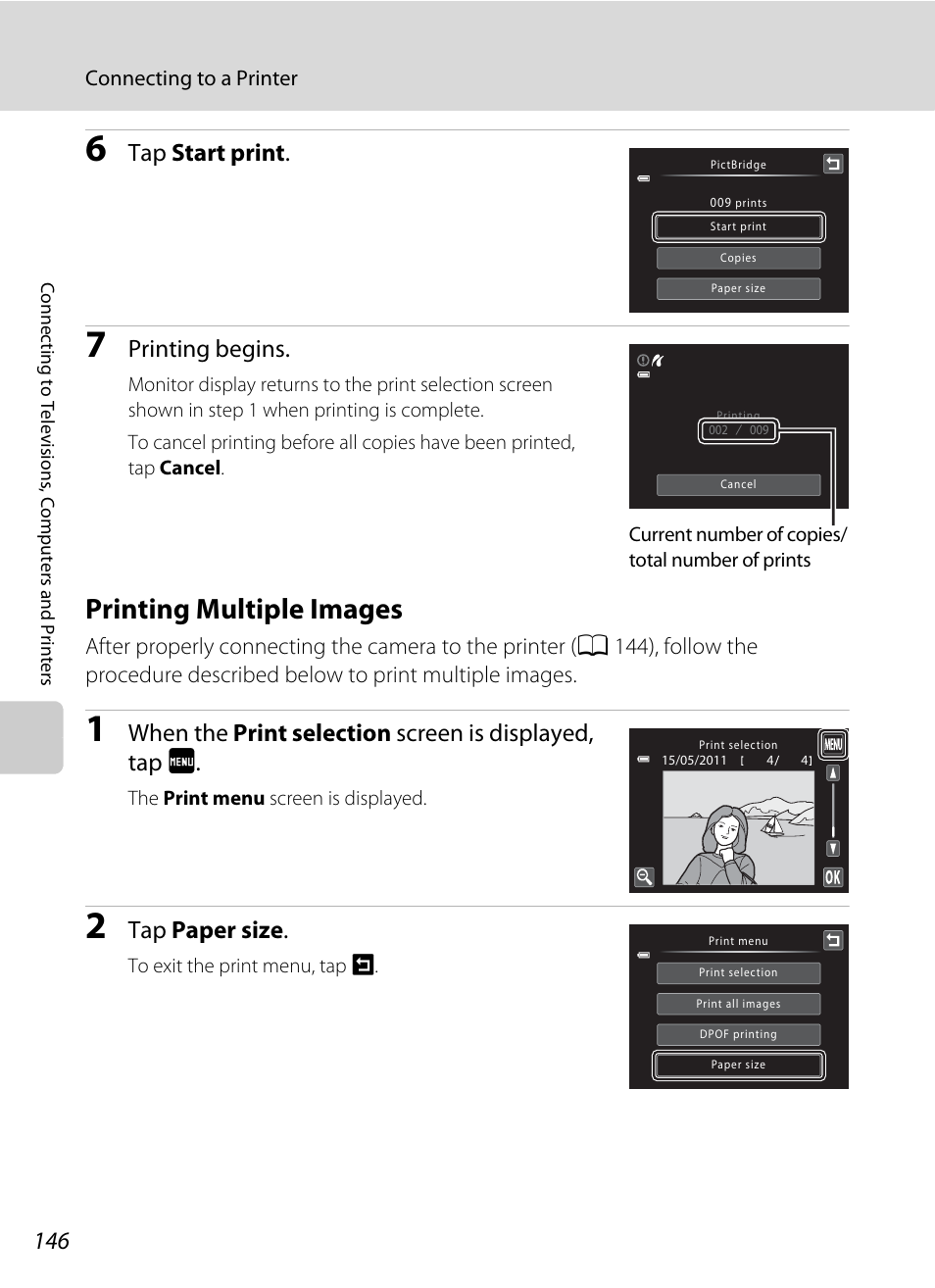 Printing multiple images, A 146), Tap start print | Printing begins, Tap paper size | Nikon S6100 User Manual | Page 158 / 216