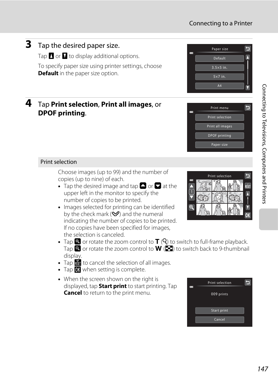 Tap the desired paper size, Connecting to a printer | Nikon S6100 User Manual | Page 159 / 216