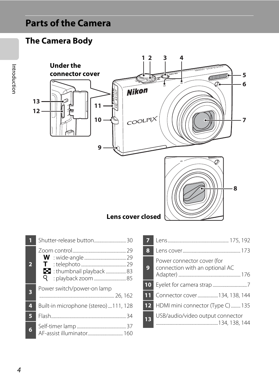 Parts of the camera, The camera body | Nikon S6100 User Manual | Page 16 / 216