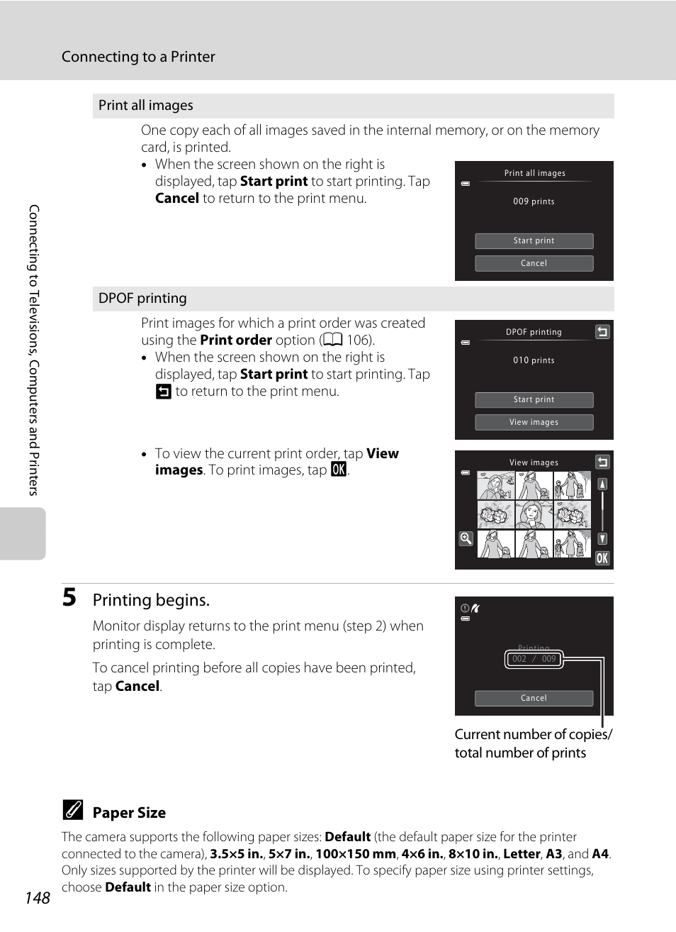 A 148), Printing begins, Connecting to a printer | Paper size, Current number of copies/ total number of prints | Nikon S6100 User Manual | Page 160 / 216