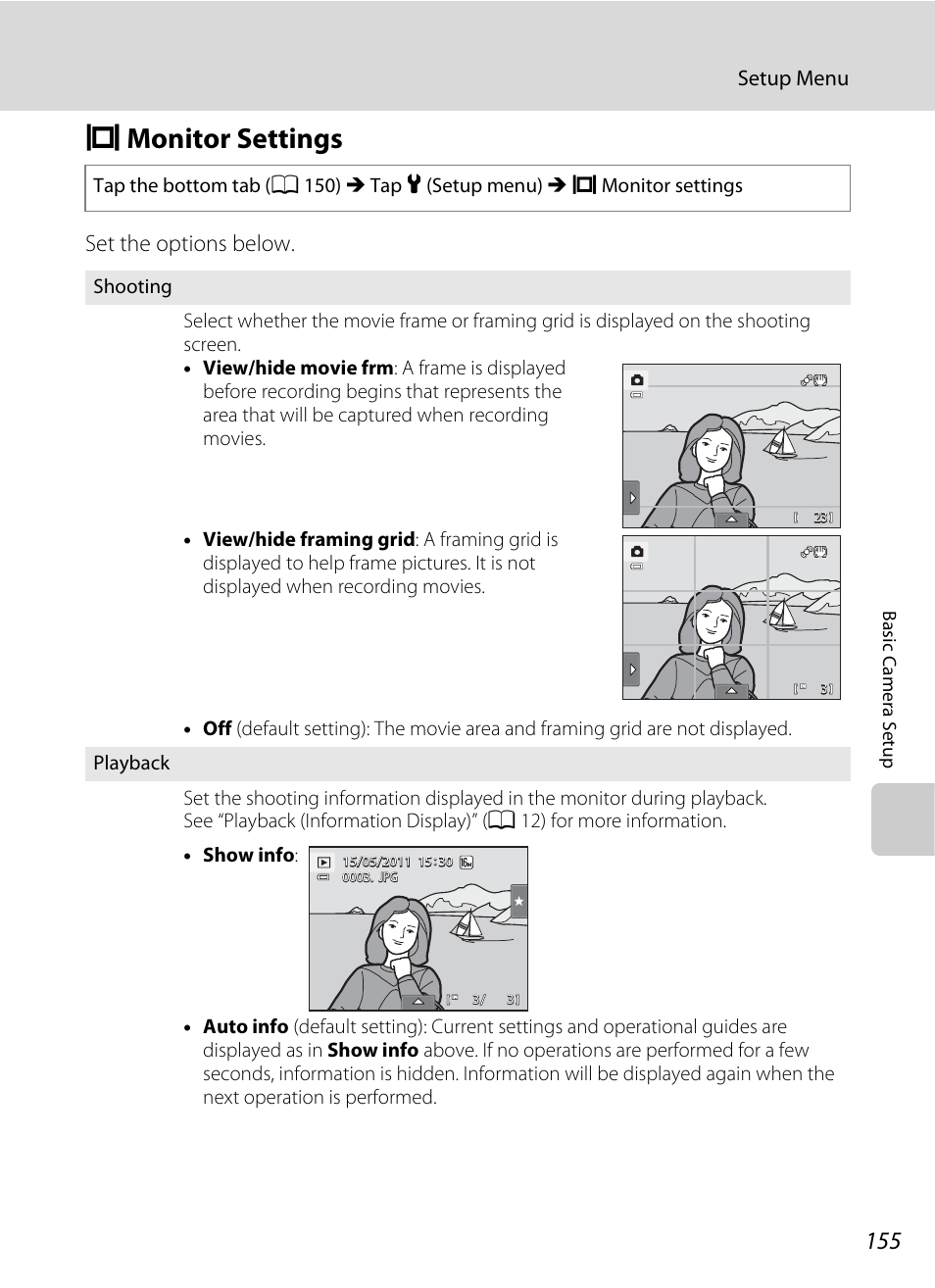 Monitor settings, A 155), A 155 | E monitor settings, Set the options below, Setup menu | Nikon S6100 User Manual | Page 167 / 216