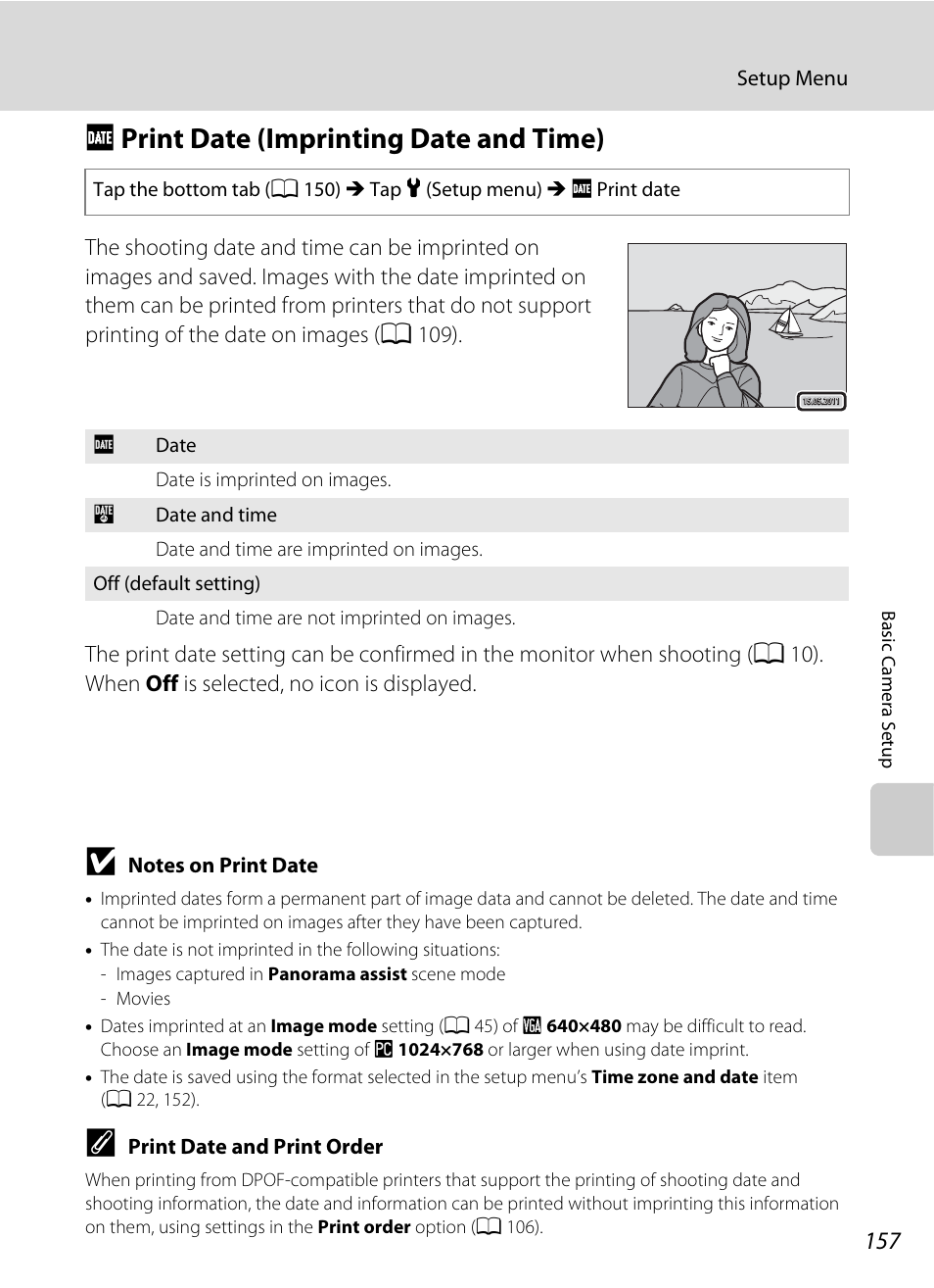 Print date (imprinting date and time), A 157) i, A 157 | F print date (imprinting date and time) | Nikon S6100 User Manual | Page 169 / 216