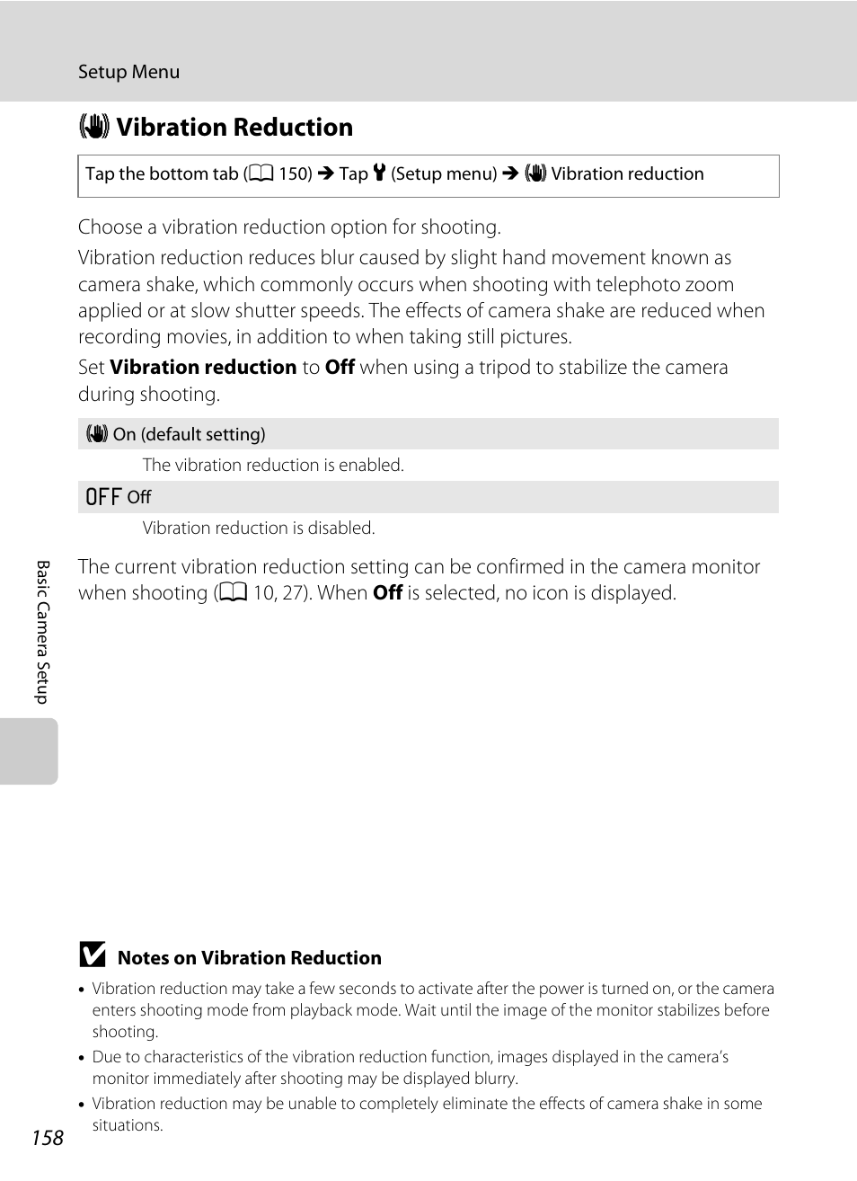 Vibration reduction, A 158, A 158) to | A 158) i, A 158) t, G vibration reduction | Nikon S6100 User Manual | Page 170 / 216