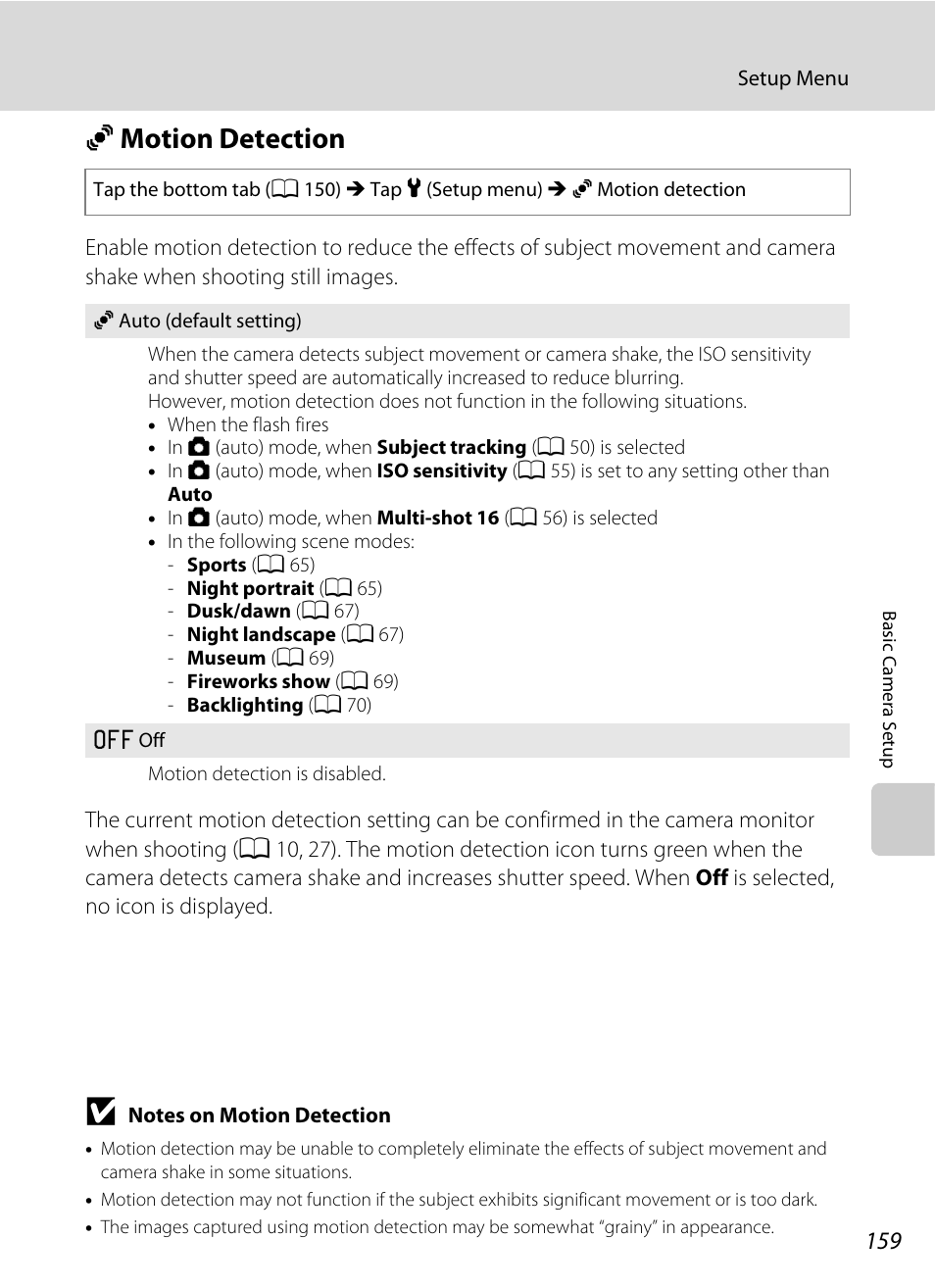 Motion detection, A 159), A 159 | U motion detection | Nikon S6100 User Manual | Page 171 / 216