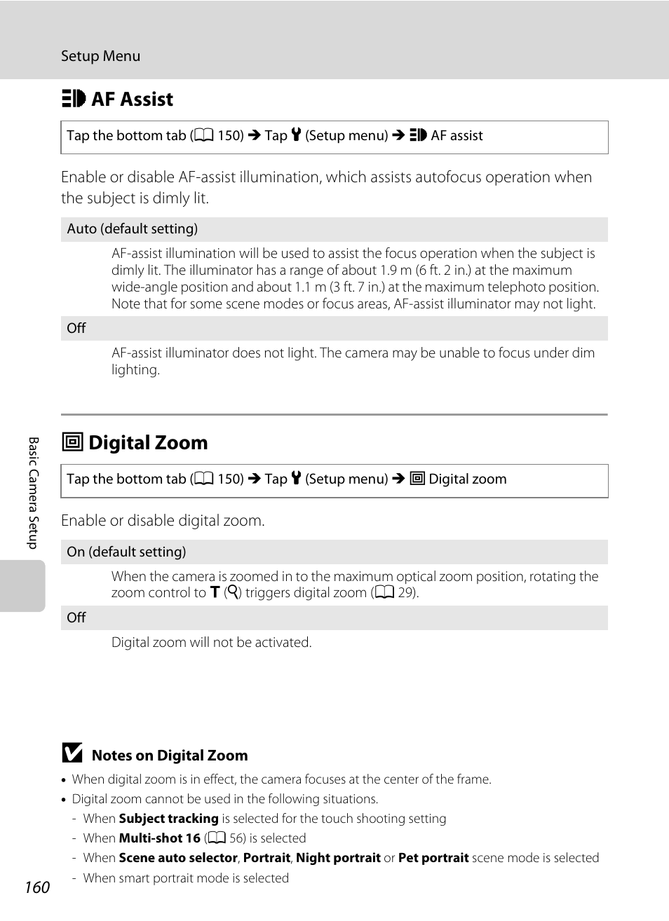 Af assist, Digital zoom, A 160 | A 160) may l, A 160) does not, See “notes on digital zoom, A 160) for, H af assist, U digital zoom | Nikon S6100 User Manual | Page 172 / 216