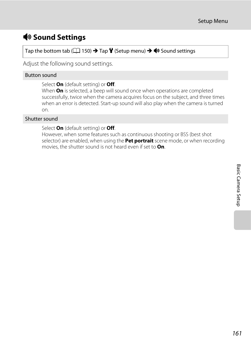 Sound settings, A 161) is disabled, A 161 | I sound settings | Nikon S6100 User Manual | Page 173 / 216