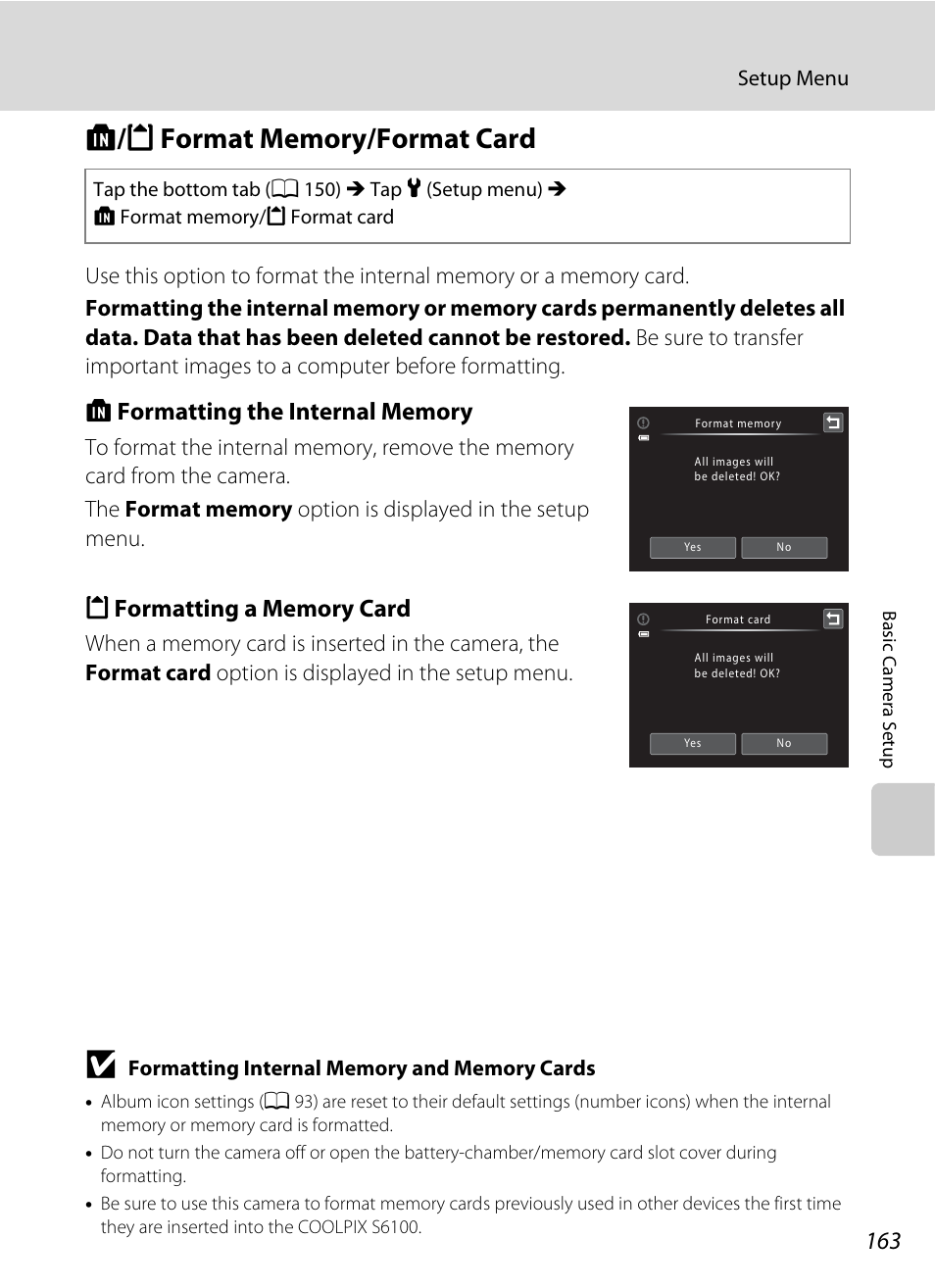 Format memory/format card, L/m format memory/format card, A 163 | Nikon S6100 User Manual | Page 175 / 216