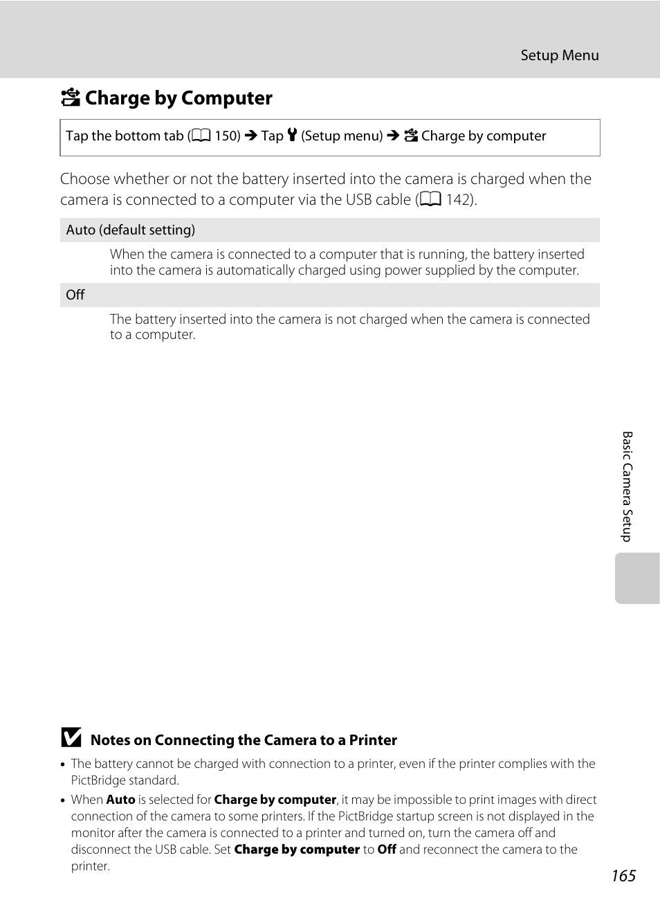 Charge by computer, A 165, V charge by computer | Nikon S6100 User Manual | Page 177 / 216
