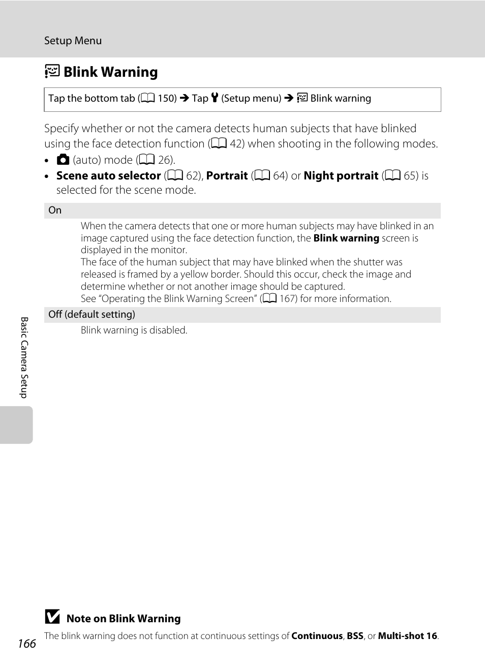 Blink warning, A 166, D blink warning | Nikon S6100 User Manual | Page 178 / 216