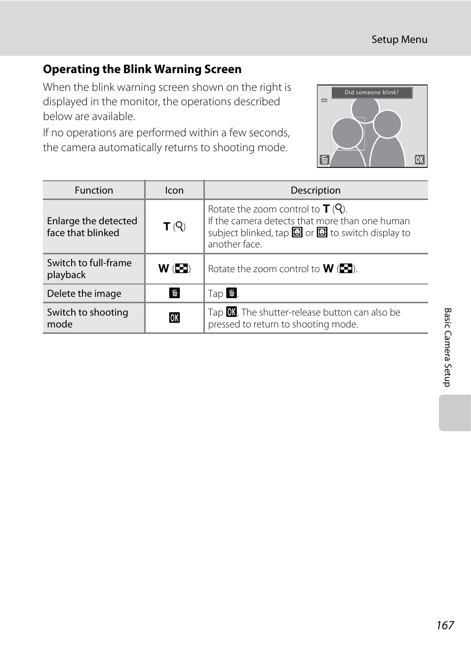 Operating the blink warning screen, A 167) for | Nikon S6100 User Manual | Page 179 / 216