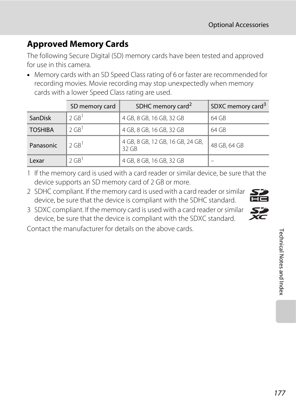 Approved memory cards, A 177) | Nikon S6100 User Manual | Page 189 / 216