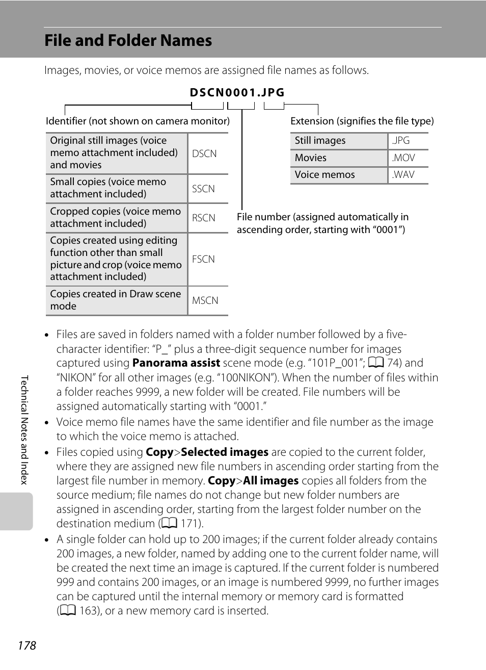 File and folder names, E “file and folder names, A 178) f | A 178, A 178). the editing f, Ee “file and folder names, A 178) for, Clears the current file number, A 178) from memory | Nikon S6100 User Manual | Page 190 / 216